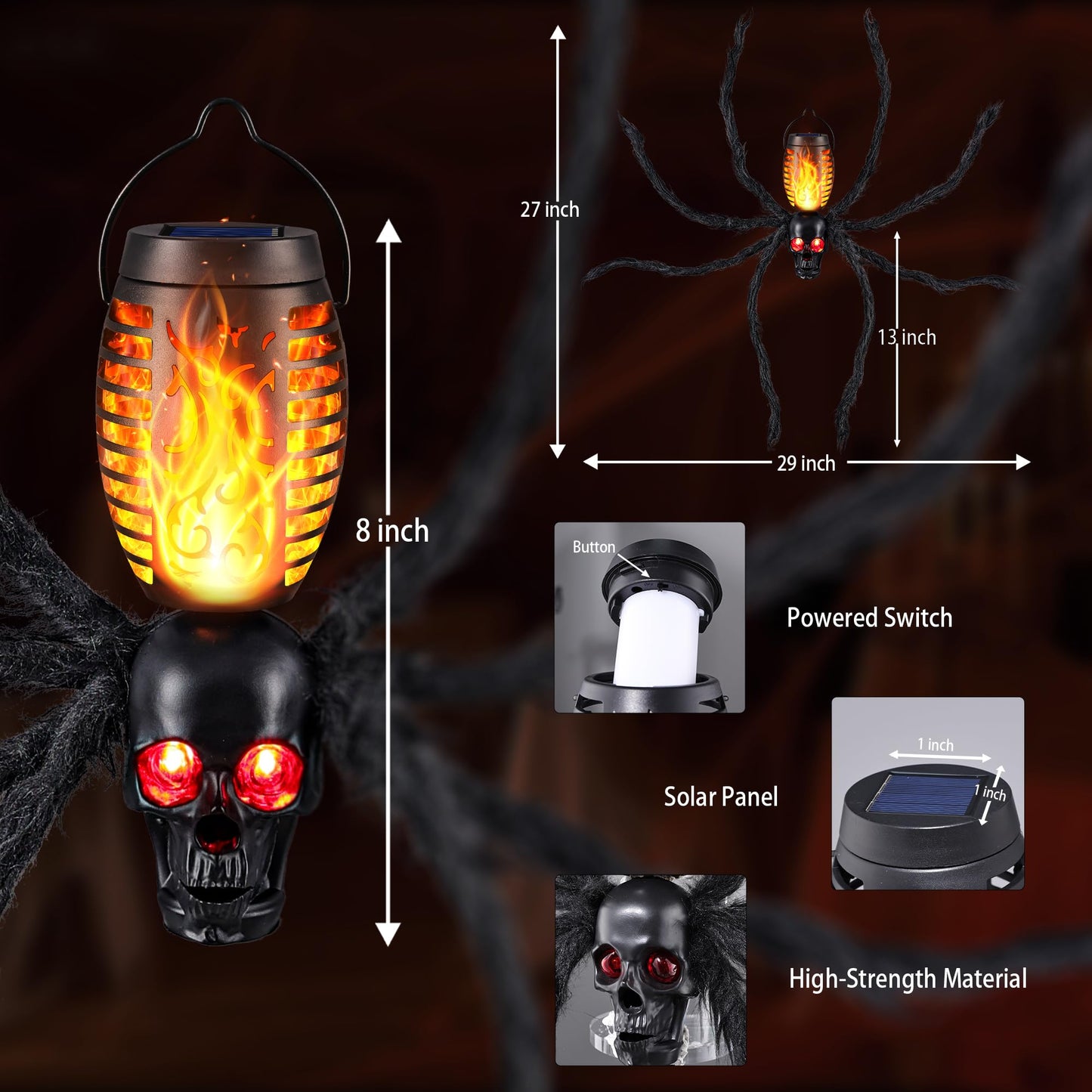 Halloween Skull Flame Light with 8 Spider Tentacles - Solar Powered Outdoor Lighting Decoration for Halloween Parties, Gardens, and Haunted Displays (Orange, 1 Pack)