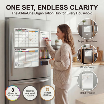AUVIREC Magnetic Calendar for Refrigerator (3-Pack, Ships Flat) - 17"x12" Monthly, Weekly & Daily Planner with Lined Grids - Nano-Tech Dry Erase Board Fridge Whiteboard, 8 Markers & Eraser