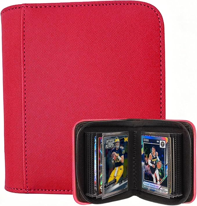 Ringless Card Binder for Trading Cards - 40 Pocket Side-Loading Card Album with 20 Sleeves, Lightweight Zipper Storage Folders for TCG, MTG, Sports Cards (Baseball, Football) (Red)