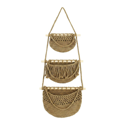 Cabilock 3 Tier Hanging Fruit Basket for Kitchen - Boho Macrame Woven Wall Storage for Onion and Potato, Space-Saving Cotton Rope Produce Organizer for Pantry & Bathroom