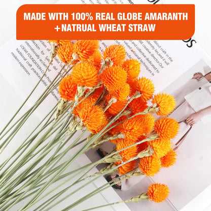 MIHUAGE Dried Globe Amaranth Flower with Wheat Straw Natural - 40PCS Bouquet for Vase Home Decor Party DIY Arrangement (Orange)