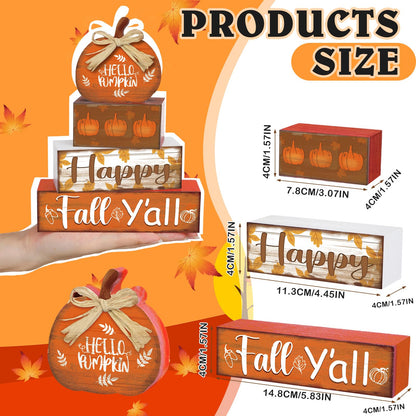 4 Pcs Fall Decor for Home Hello Pumpkin Wooden Signs with Blessed Autumn Tiered Tray Decor Farmhouse Pumpkin Tabletop Centerpiece Maple Leaf Block Signs for Fall Thanksgiving Office Kitchen Shelf