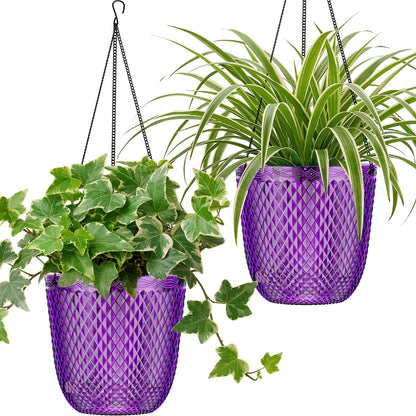 QCQHDU Hanging Planters for Indoor Plants, 2-Pack 7.2 Inch Self Watering Hanging Pots, Plastic Plant Hanger with Drainage Holes and 3 Hooks Chains for Garden Home (Purple)