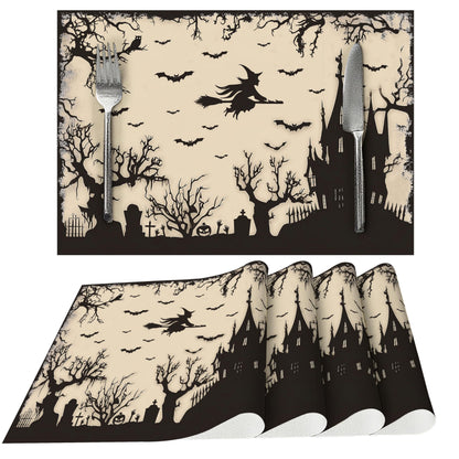 Halloween Witch Castle Placemats Set of 4 Washable Table Place Mats for Dining Kitchen Party Decor