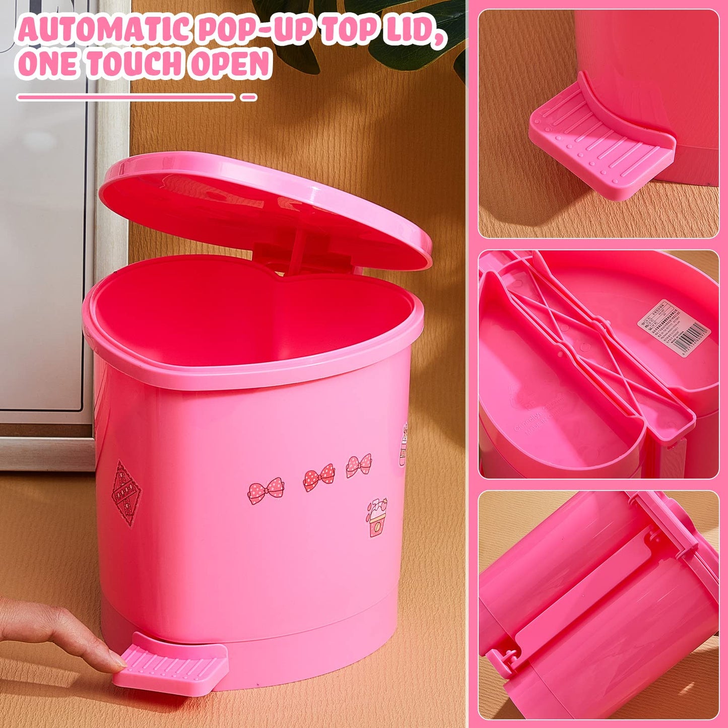 Tessco for you 2 Pieces Strawberry Desk Trash Can Cute Mini Countertop Trash Can with Lid Kawaii Small Garbage Plastic Waste Bin with Sticker for Car Office Home Bedroom Bathroom Kitchen Decor(Pink)