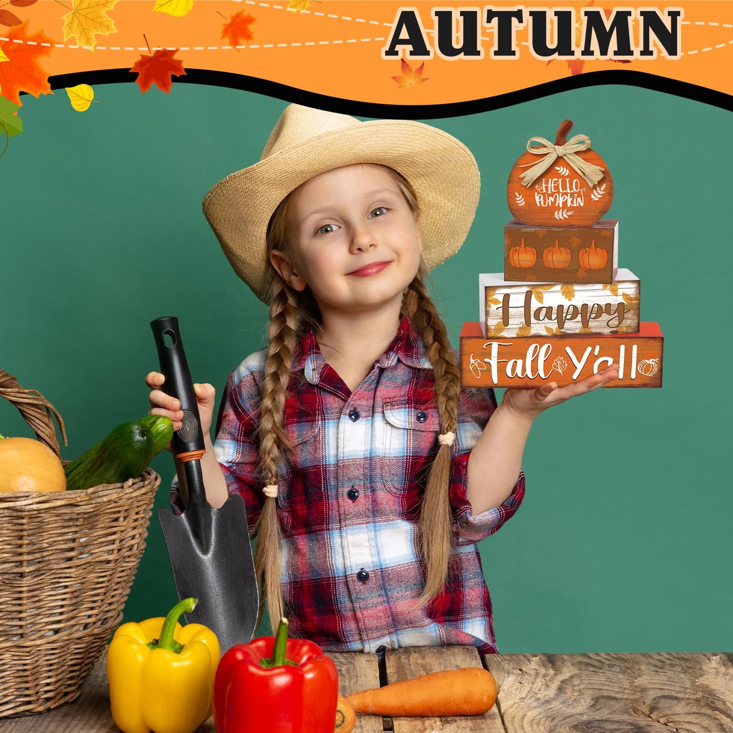 4 Pcs Fall Decor for Home Hello Pumpkin Wooden Signs with Blessed Autumn Tiered Tray Decor Farmhouse Pumpkin Tabletop Centerpiece Maple Leaf Block Signs for Fall Thanksgiving Office Kitchen Shelf
