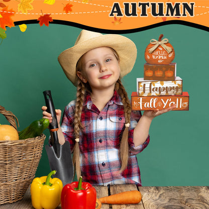 4 Pcs Fall Decor for Home Hello Pumpkin Wooden Signs with Blessed Autumn Tiered Tray Decor Farmhouse Pumpkin Tabletop Centerpiece Maple Leaf Block Signs for Fall Thanksgiving Office Kitchen Shelf