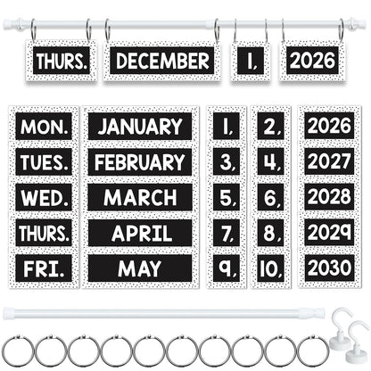 Magnetic Black and White Flip Calendar Bulletin Board Set, 60 Calendar Cards with Adjustable Magnetic Rod, Polka Dot Classroom Calendar Date Cards Set for Class Whiteboard Decor Back to School Teacher Supplies