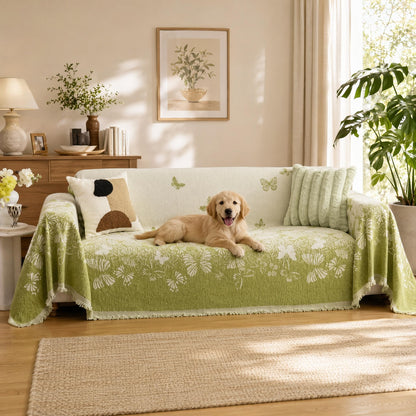 UWWGKK Oversized Chenille Couch Cover Green Butterfly Reversible Sofa Slipcover with Tassel, Heavyweight Sectional Furniture Protector Blanket for Large Dogs, Washable Throw for 3 4 Seat