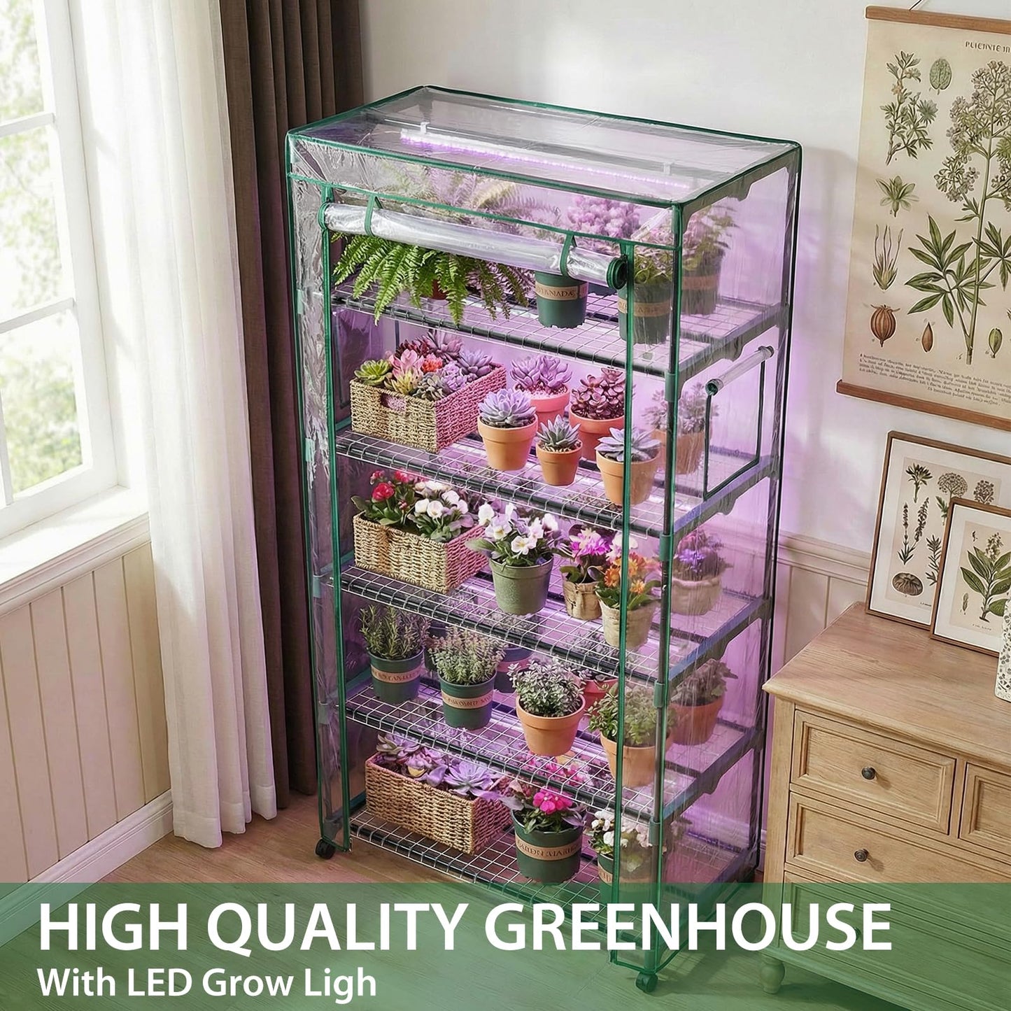 Indoor Greenhouse with Grow Lights & Wheels, 5 Tier Wire Shelf PVC Tent Portable Mini Green House Cabinet Kit for Plant Seed Starting Mushroom Grow