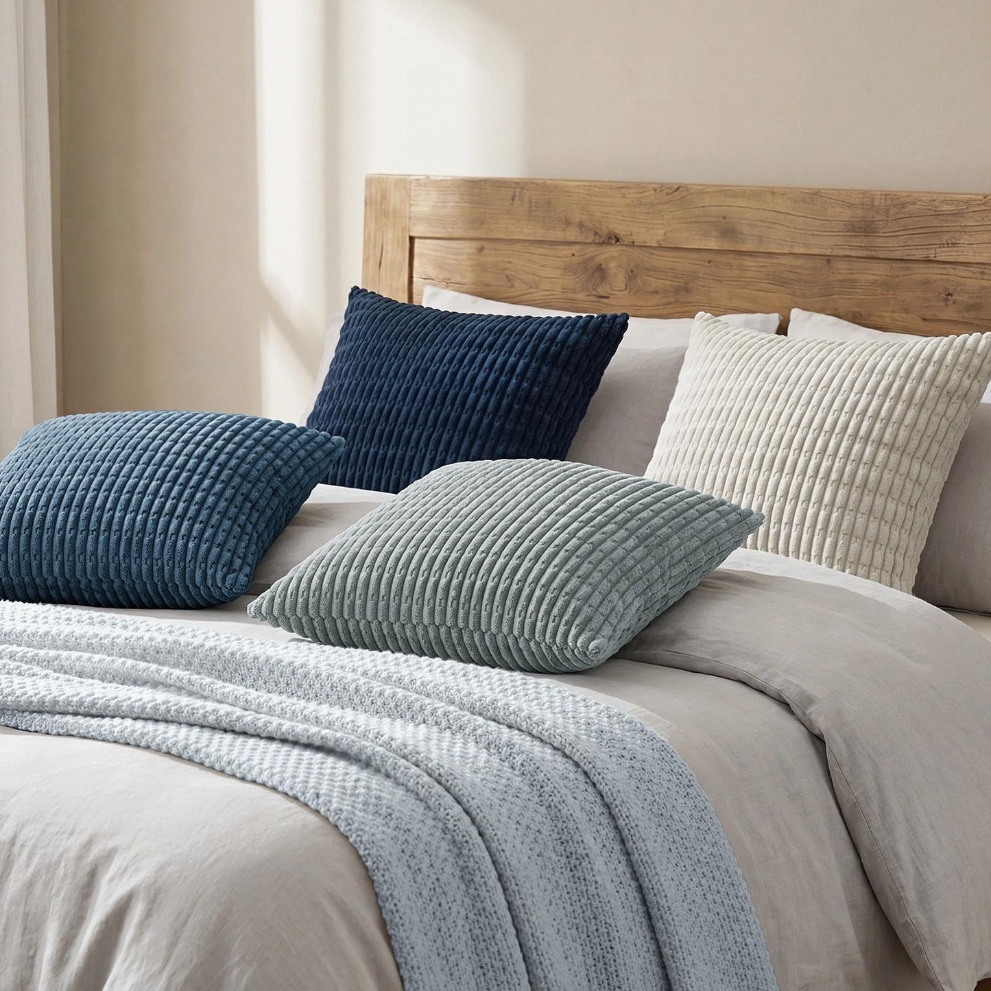 Softalker Throw Pillow Covers 18x18 Inch, Set of 4, Corduroy Soft Striped Farmhouse Boho Pillow Cover, Modern Decorative Cushion Pillow Case for Couch Sofa Bedroom Living Room, Grey/Blue