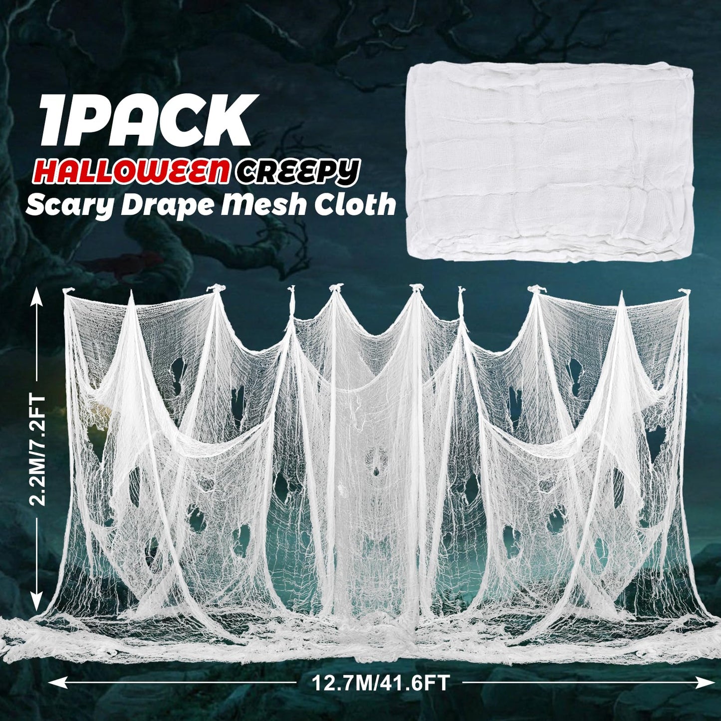 Waline Halloween Spooky Scary Cloth 41.6 x 7.2 Ft - White Gauze Fabric Decorations for Haunted House, Indoor/Outdoor Doorways & Entryways - Creepy Fabric Party Supplies