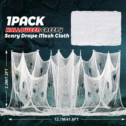 Waline Halloween Spooky Scary Cloth 41.6 x 7.2 Ft - White Gauze Fabric Decorations for Haunted House, Indoor/Outdoor Doorways & Entryways - Creepy Fabric Party Supplies