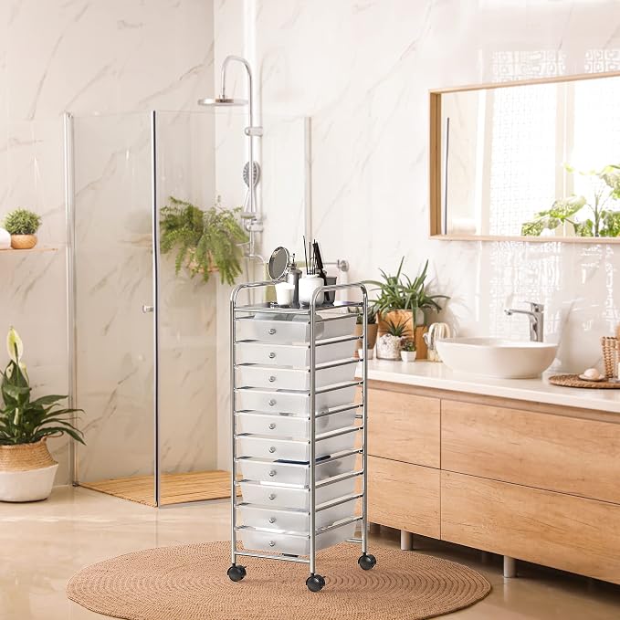 Simple Houseware Utility Cart with 10 Drawers Rolling Storage Art Craft Organizer, Chrome
