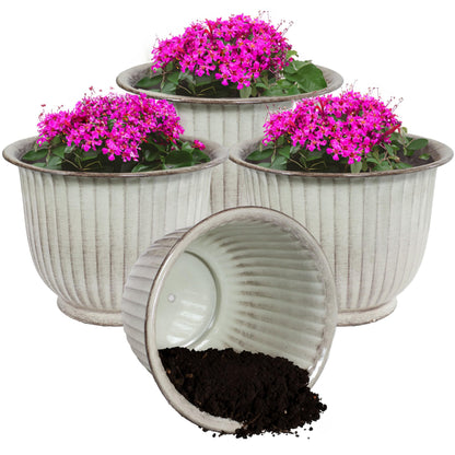 Sunnydaze Carlotta 14.75" Metal Outdoor Plant Pot Set with Drainage Holes and Rubber Plugs - White Glaze - Set of 4