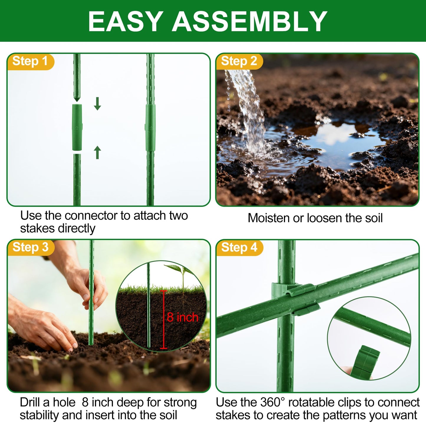 WAENLIR Garden Stakes16 Inch 72 Pack, Tomato cage DIY 4ft 5ft 6ft 7ft 8ft Plant Support Stakes with Connectors and Clips, Plastic Coated Metal Sticks for Tomato Indoor Outdoor