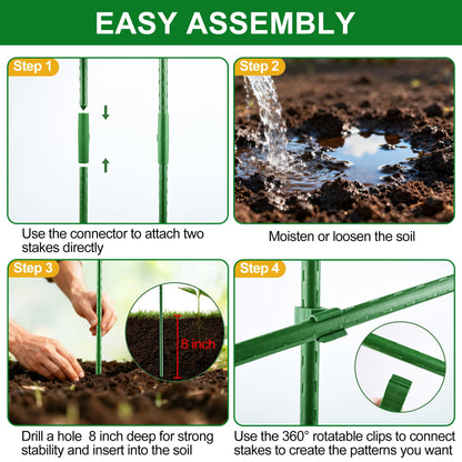 WAENLIR Garden Stakes16 Inch 72 Pack, Tomato cage DIY 4ft 5ft 6ft 7ft 8ft Plant Support Stakes with Connectors and Clips, Plastic Coated Metal Sticks for Tomato Indoor Outdoor