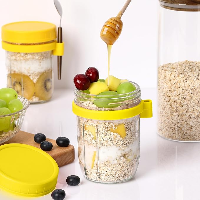 16oz Glass Mason Overnight Oats Jars, Cereal, Yogurt, Salad Lunch,Glass Overnight Oats Containers with Lids and Spoon, Container with Measurement Marks - (Yellow-2Pcs)