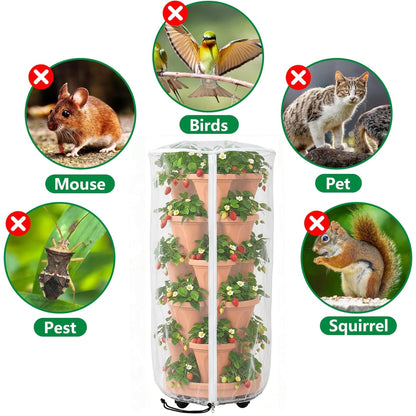 2 Pcs Vertical Plant Pot Insect Netting with Zipper, 39"x20" Stackable Planter Garden Net Cover, 3 to 5 Tier Planter Pot Insect Bird Barrier Protection Mesh for Strawberry Herb Flower Fruit Vegetable