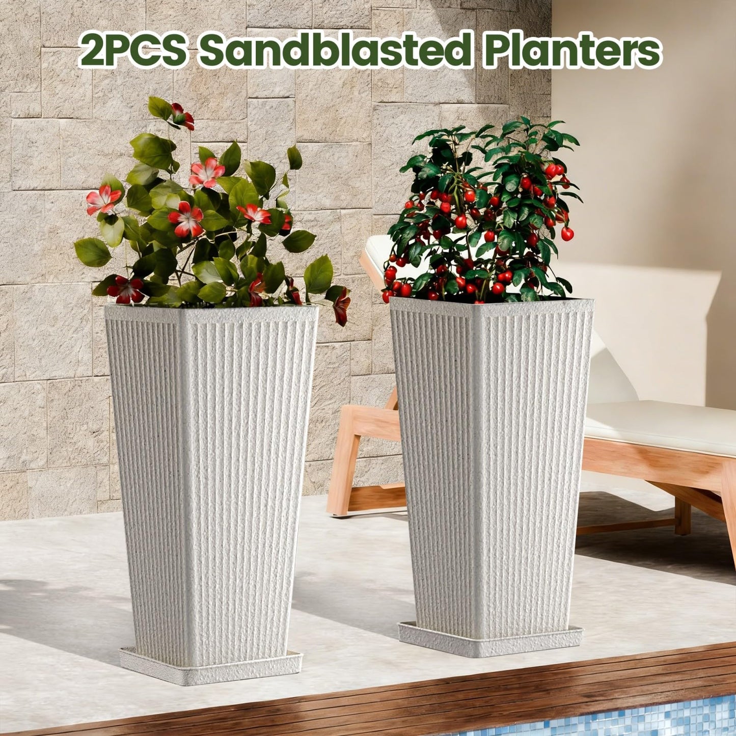 Diyfire Front Porch Planters Outdoor Set of 2, 24" Tall Plastic Planters for Outdoor Plants with Drainage, Extra Large Outdoor Planter Pots, Tapered Tall Planters for Front Door & Indoor Plants, White