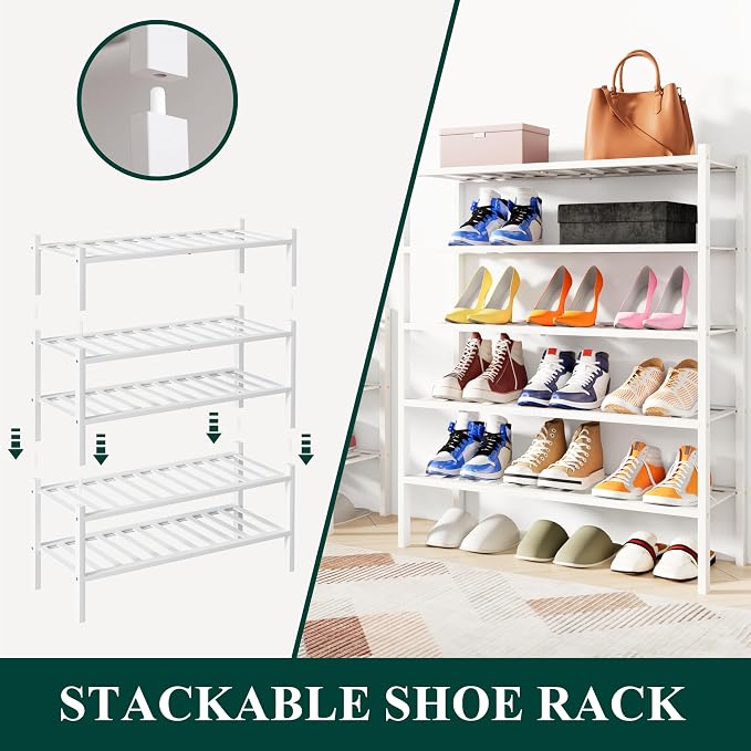 Smiry Bamboo Shoe Rack, 2 Tier Free Standing Wooden Shoe Organizer, Stackable Wood Shoe Storage Shelf for Closet, Entryway, 12 Vertical Slats, One-piece Standard Legs, 26.8"x11"x13", White
