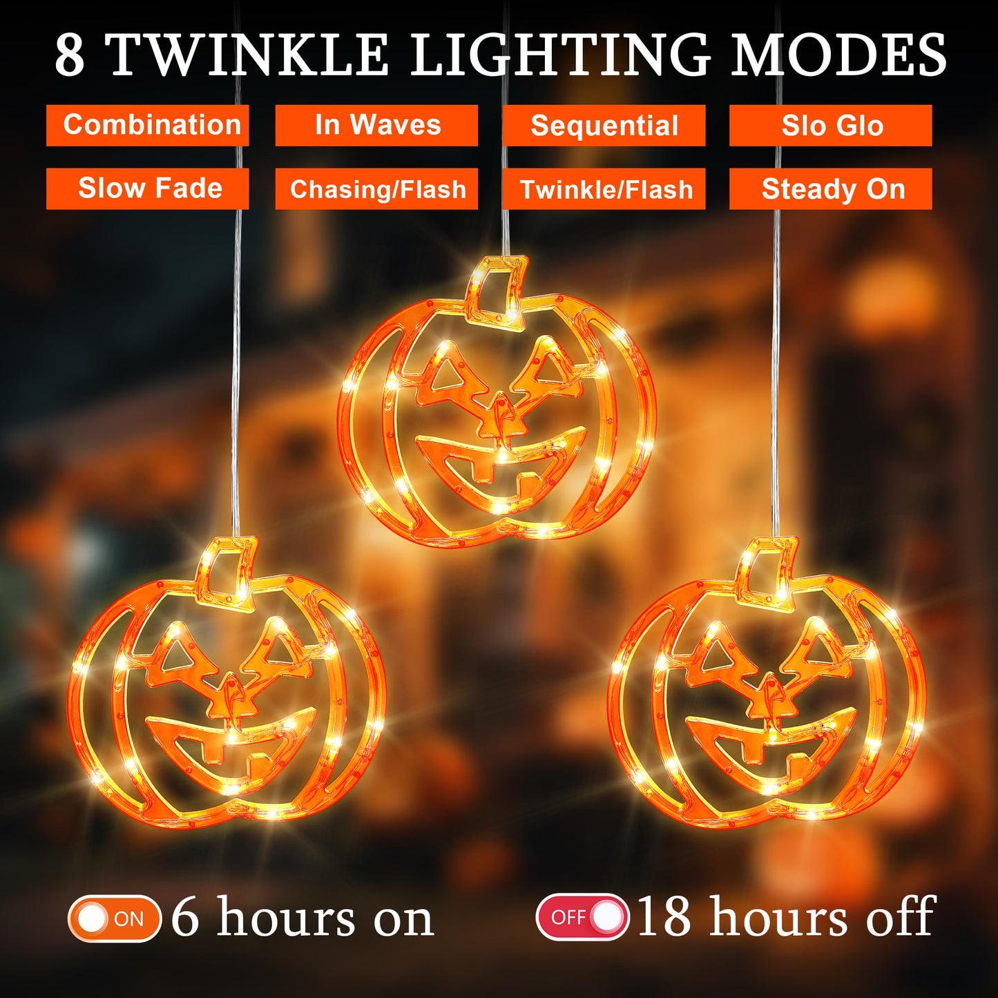 woohaha Halloween Window Lights,48LED 3 Pumpkin Curtain String Lights USB/Battery Operated,Hanging Light for Indoor Outdoor Bedroom,Room,Wall,Party,Holiday Decorations(Orange)