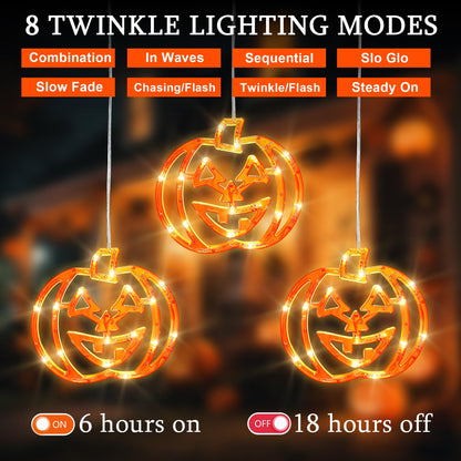 woohaha Halloween Window Lights,48LED 3 Pumpkin Curtain String Lights USB/Battery Operated,Hanging Light for Indoor Outdoor Bedroom,Room,Wall,Party,Holiday Decorations(Orange)