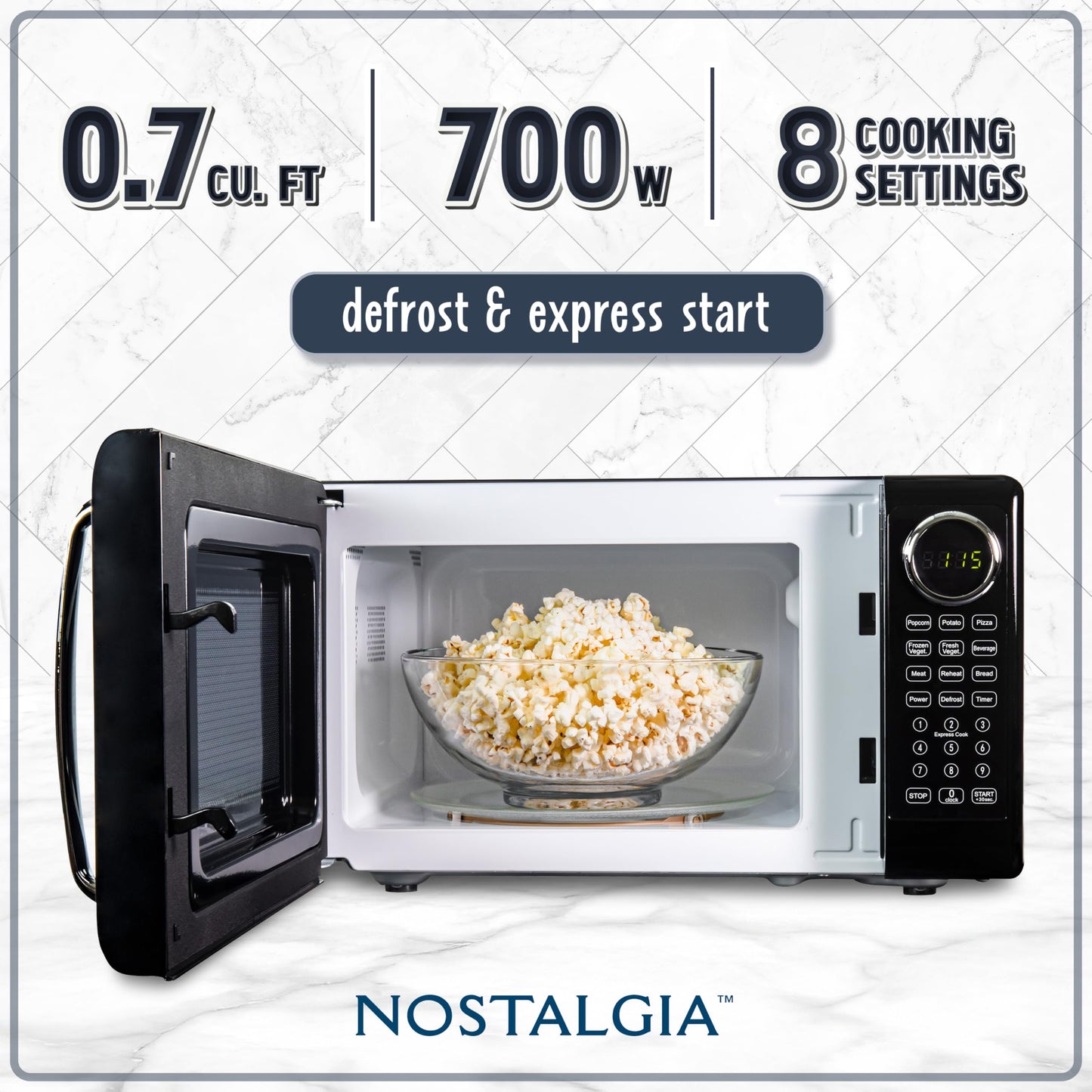 Nostalgia Retro Microwave Oven - 0.7 Cu Ft, 700-Watt Countertop Size with Glass Turntable, Child Safety Lock, 8 Auto-Cook Programs, Digital Clock - Aqua