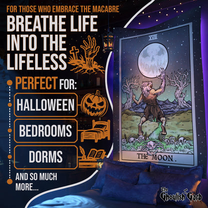 The Moon Tarot Card Tapestry - Werewolf - Gothic Halloween Home Decor Wall Hanging (60" x 50")