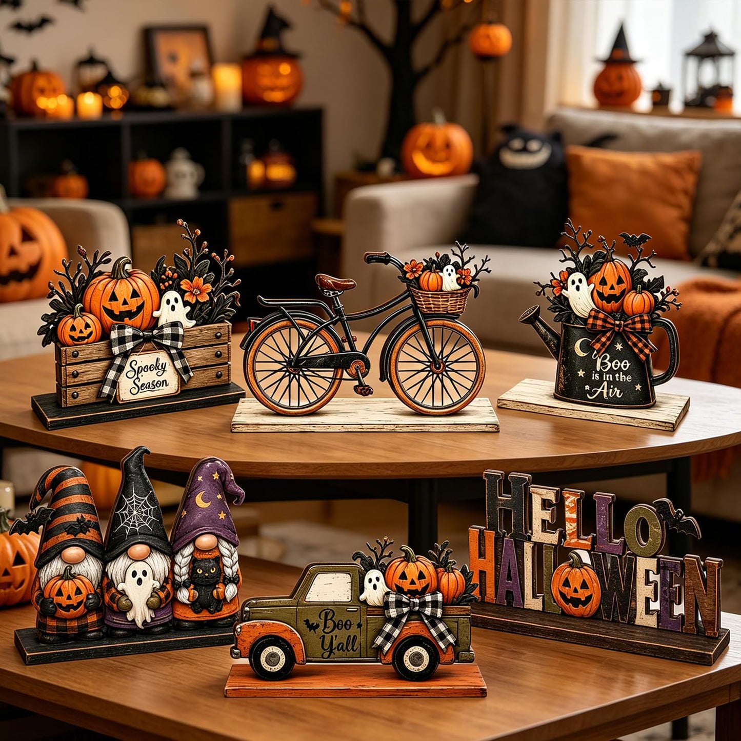 6 Pieces Halloween Decor Hello Halloween Table Topper Signs Spooky Pumpkin Ghost Gnome Truck Tiered Tray Centerpiece Farmhouse Halloween Wooden Tabletop Decorations for Indoor Home Kitchen Party