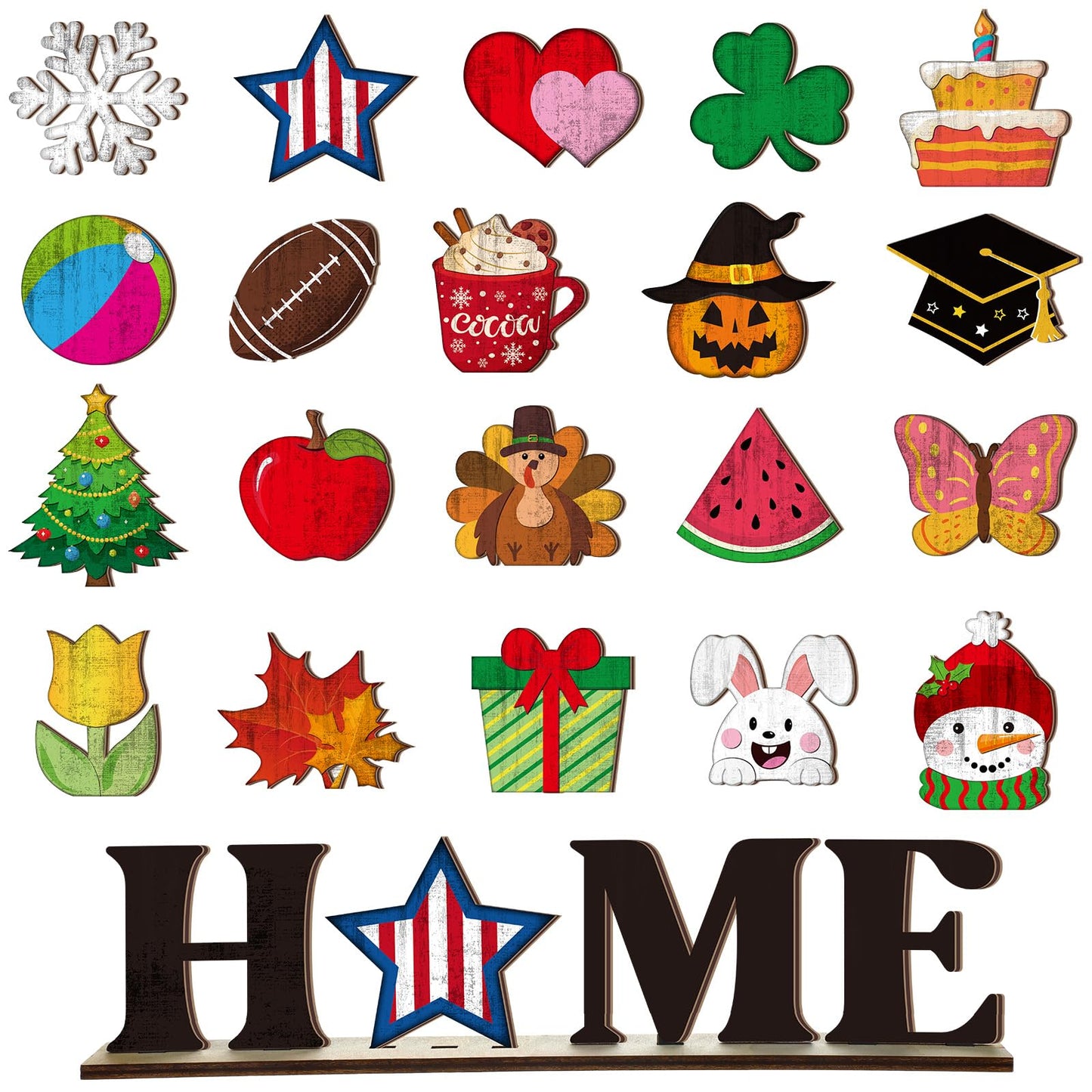 Wonderjune Interchangeable Seasonal Decor 250th 4th of July Independence Day Home Tabletop Sign with 20 Pcs Icons Home Wooden Sign for All Seasons Windowsill Shelf Mantel Decorations