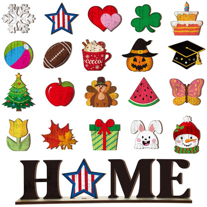 Wonderjune Interchangeable Seasonal Decor 250th 4th of July Independence Day Home Tabletop Sign with 20 Pcs Icons Home Wooden Sign for All Seasons Windowsill Shelf Mantel Decorations
