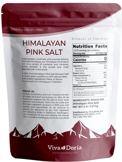 Viva Doria Himalayan Pink Salt, Coarse Grain, Certified Authentic, 5 lb. (2.27 Kg) For Grinder Refills