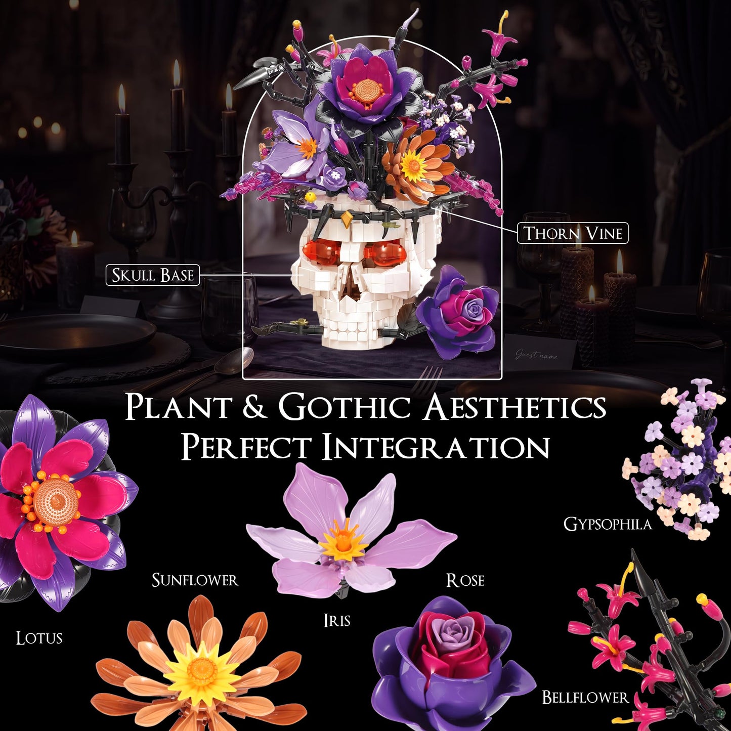 YP YuanPei Rose Skull Flower Bouquet Building Set, Wildflower Botanical Collection Kit for Adult Women, Horror Gothic Skeleton Decor for Goth Home Table Art Decor, Girlfriend/Mom/Wife/Couple