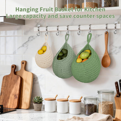 3 Pack Boho Decor Hanging Friut Baskets for Kitchen, Handwoven Cotton Wall Baskets with Hooks 3 Sizes, Hanging Holder Teardrop Produce Basket for Fruit Vegetable Potato Onion Storage, Beige & Green