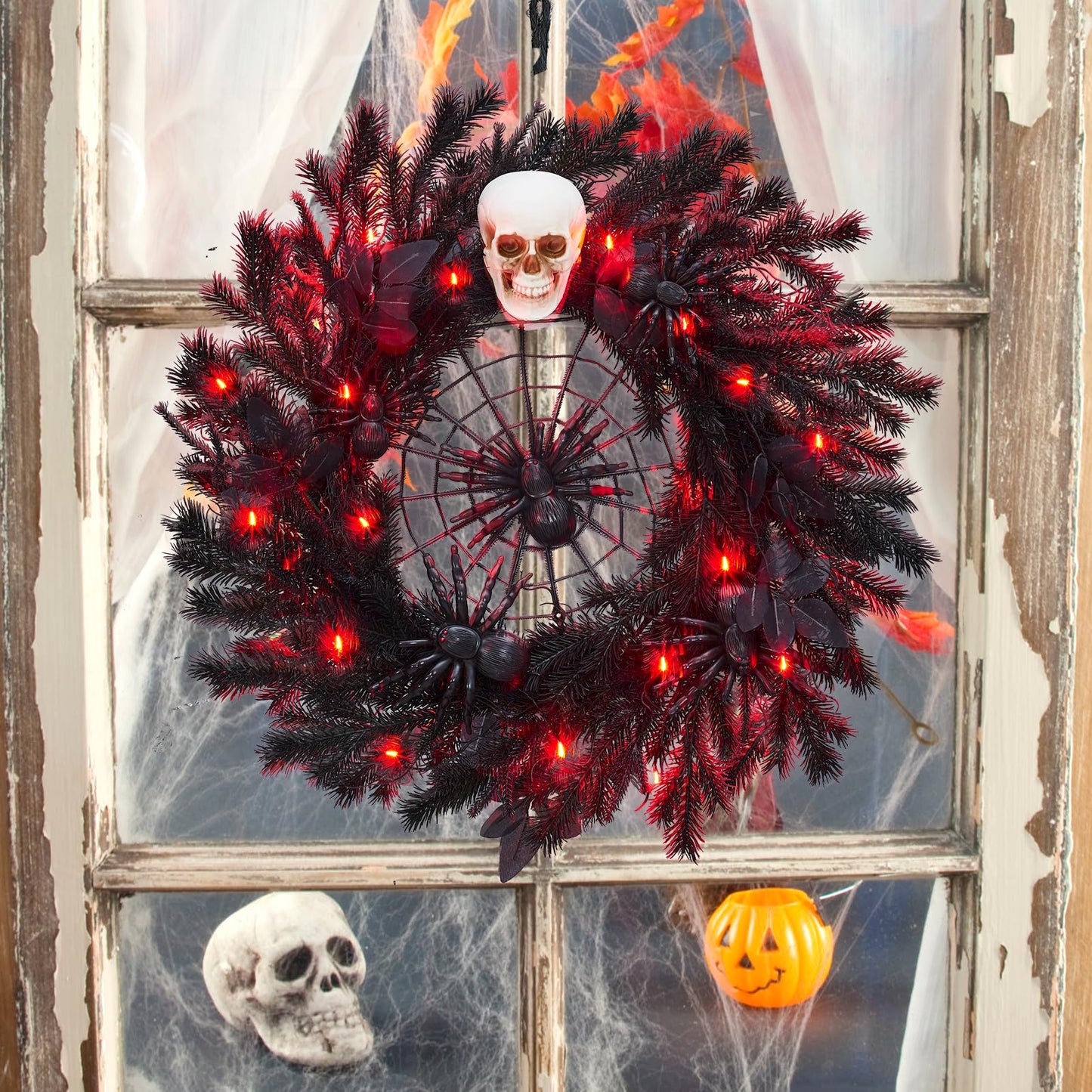 22" Halloween Wreath with Lights, Black Twig Wreath with Scary Skull and Spider, Artificial Halloween Party Decorations for Front Door Indoor Outdoor Wall Window Porch