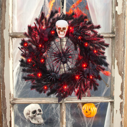22" Halloween Wreath with Lights, Black Twig Wreath with Scary Skull and Spider, Artificial Halloween Party Decorations for Front Door Indoor Outdoor Wall Window Porch