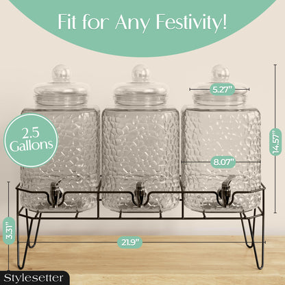 Style Setter Premium Glass Drink Dispensers with Metal Stand for Parties – Beverage Dispenser Set for Cold Drinks, Lemonade, Cocktails, Juice – Party Glass Drink Dispenser Station - 1.5 Gal, Set of 3