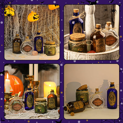 HOHUCRAB Potion Bottles Halloween Decoration, Set of 4 Glass Potion Bottles with Corks and 10 Halloween Bottle labels, Halloween Tiered Tray Decor, Halloween Decorations Indoor