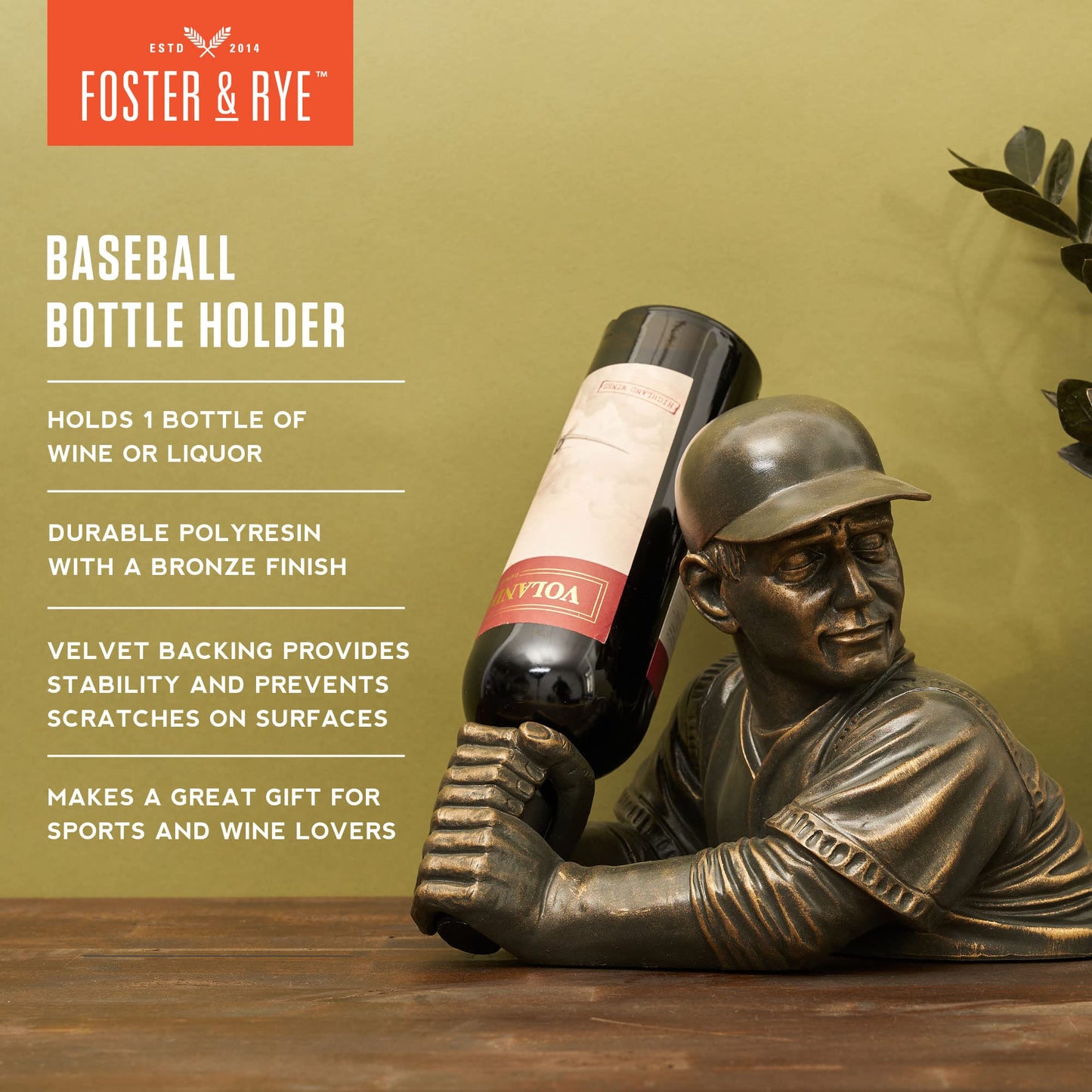 Foster & Rye Baseball Wine Holder - Single Wine Bottle Holder Baseball Player - Funny Wine Holder - Holds 1 Standard Wine Bottle Set of 1