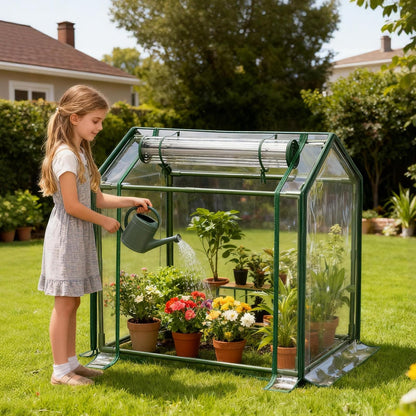 Mini Greenhouse with Zippered Doors & Roll-up Windows, Elevated Bottom Portable Plant Hot House with Durable PVC Cover, Water Resistant, UV Protected for Outdoor Flowers, Vegetables
