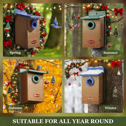 Kingsyard Recycled Plastic Bird House for Outdoor - Durable Nesting Box with Clear View Panel & Predator Guard for Bluebird Wren Swallow Finch, Blue & Brown