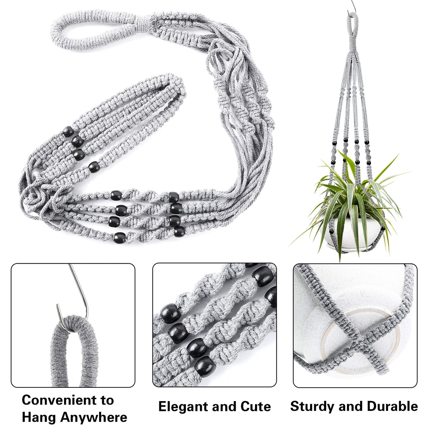 Augshy 2 Packs Macrame Hanging Planter, Indoor Hanging Planter Basket with Wood Beads Decorative Macrame Pot Hanger for Home Decor (Grey)