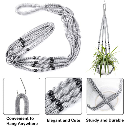 Augshy 2 Packs Macrame Hanging Planter, Indoor Hanging Planter Basket with Wood Beads Decorative Macrame Pot Hanger for Home Decor (Grey)