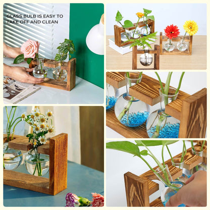 Kingbuy Glass Plant Terrarium with Retro Wood Stand – 3 Bulbs Propagation Station, Indoor Garden Planter & Bulb Vase, Desktop Decor for Home Kitchen Wedding, Gift for Women and Plant Lovers