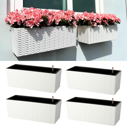 LaLaGreen Window Boxes Planters (20 Inch, 4 Pack) Outdoor Wall Hanging Flower Box with Bracket, Vertical Wall Mounted Self Watering White Rectangular Plant Container Modern Garden Herb Kitchen Indoor