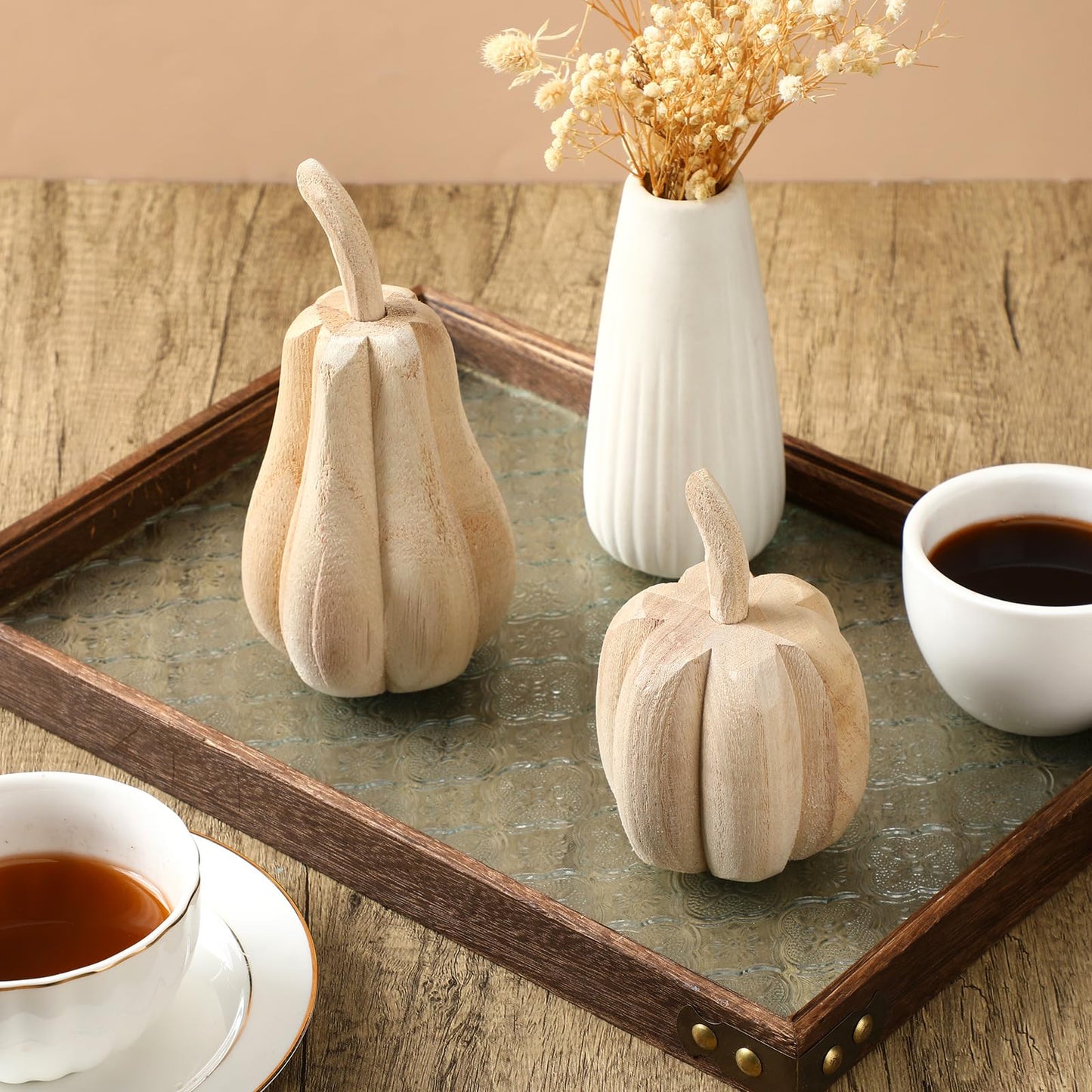 Barydat 2 Pcs Thanksgiving Paulownia Wood Carved Pumpkins 6.5 x 3.2 x 3.2 Inch 4.5 x 3.2 x 3.2 Inch Harvest Pumpkin Figurine Farmhouse Thanksgiving Hand Carved Pumpkin Wood Sign for Table Home Decor