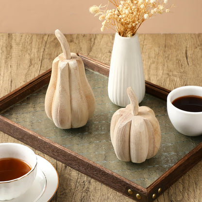 Barydat 2 Pcs Thanksgiving Paulownia Wood Carved Pumpkins 6.5 x 3.2 x 3.2 Inch 4.5 x 3.2 x 3.2 Inch Harvest Pumpkin Figurine Farmhouse Thanksgiving Hand Carved Pumpkin Wood Sign for Table Home Decor