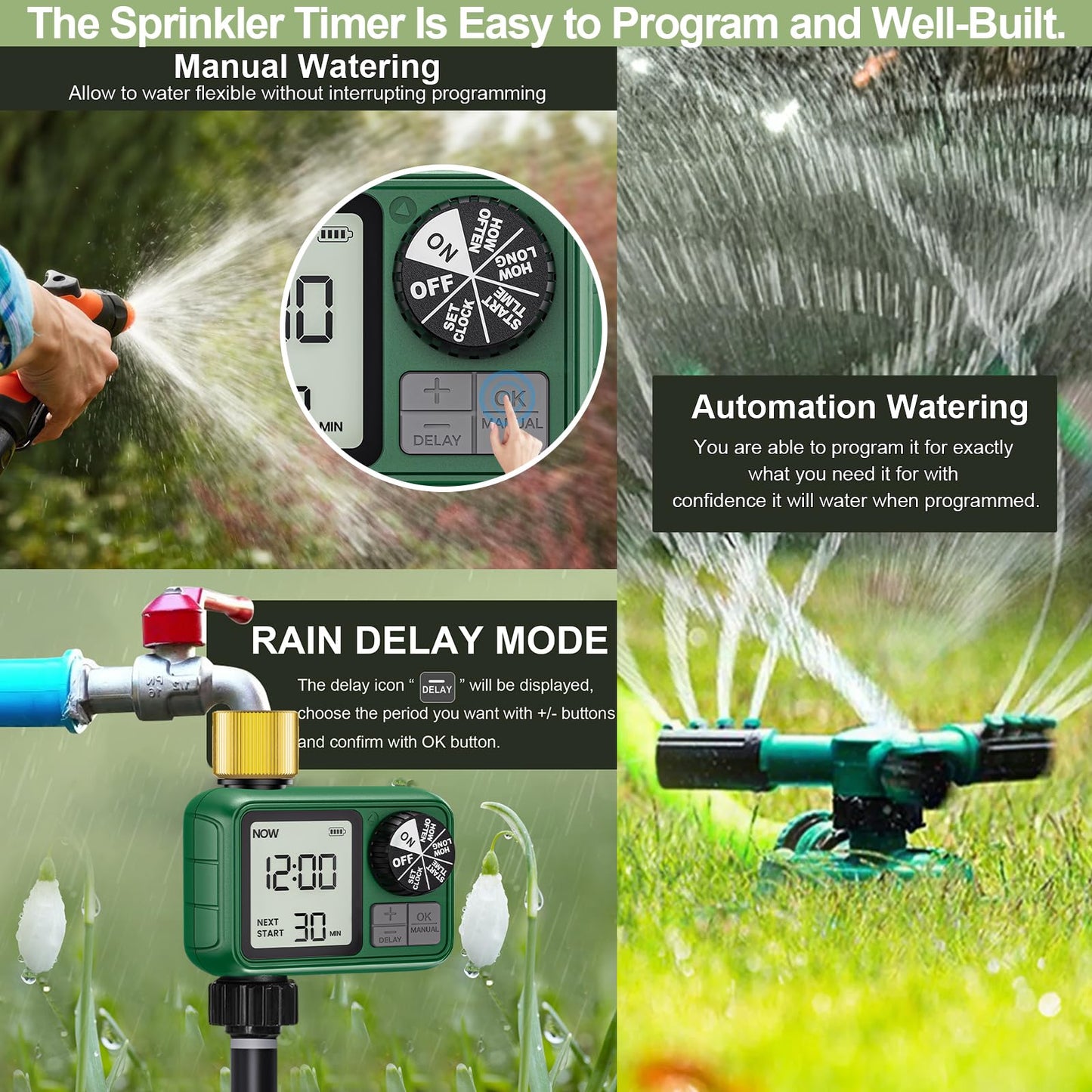 XinFuture Water Timer for Outdoor Garden Hose, Sprinkler Timer for Garden Faucet with Auto/Manual/Rain Delay Mode, Sprinkler Irrigation Controller for Yard Lawn (1 Zones Brass Inlet & Outlet)