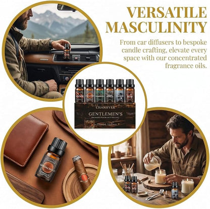 Essential Oils for Diffusers for Home Gentlemen's Set Fragrance Scents 6x10ml-Leather,Sandalwood,Cedarwood,Smoke Vanilla,Cologne,Rum for Aromatherapy,Humidifiers&Massage